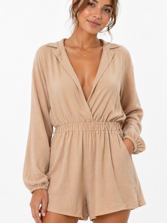 Pants - Taupe Long-Sleeve V-Neck Romper